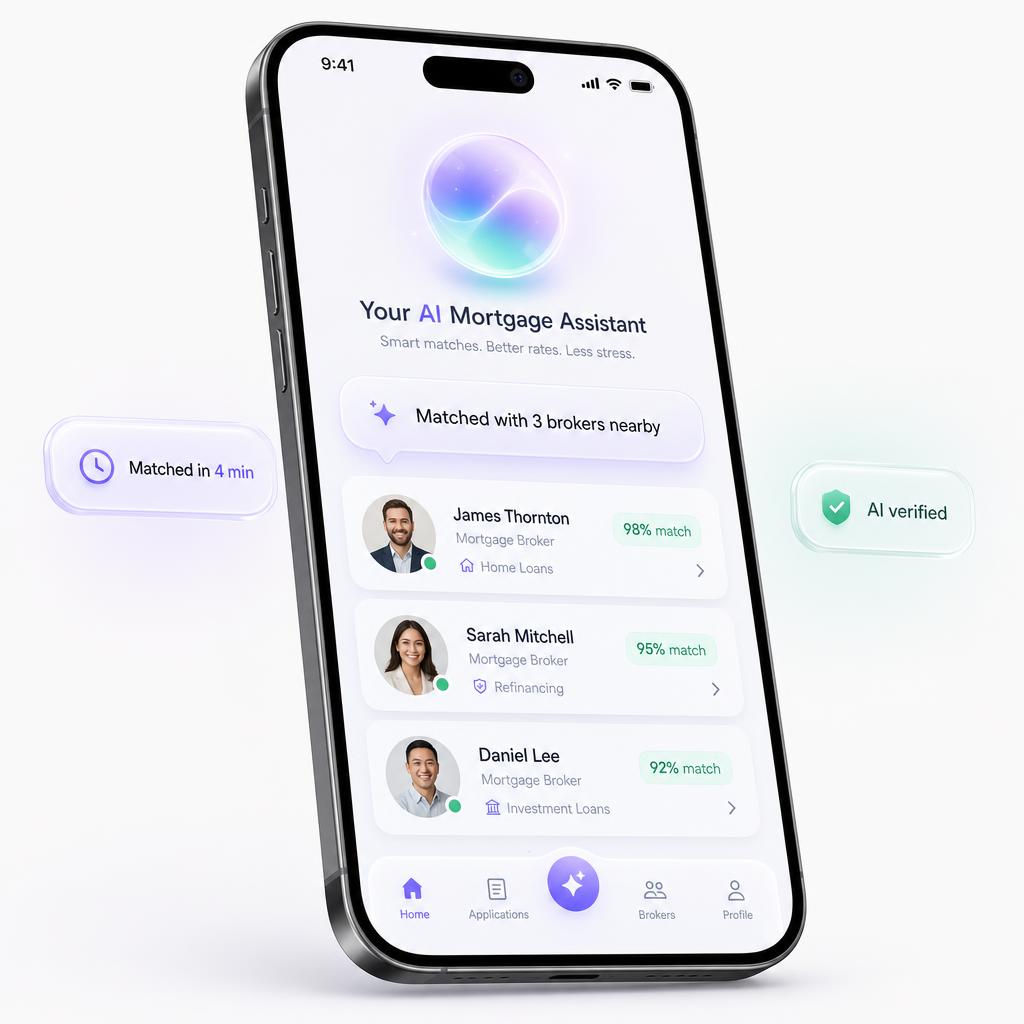 MortgageGPT AI mortgage assistant app shown on a phone with matched broker results